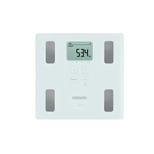 جهاز Omron HBF 214 الرقمي لمراقبة تكوين الجسم بالكامل مع 4 أوضاع للمستخدم والضيف لمراقبة مؤشر كتلة الجسم وعمر الجسم ومستوى الدهون في الأوعية الدموية ونسبة الدهون في الجسم والعضلات الهيكلية